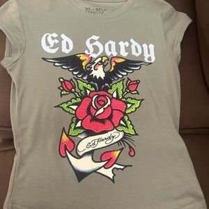 Ed Hardy Olive Tee with Rose and Eagle Design